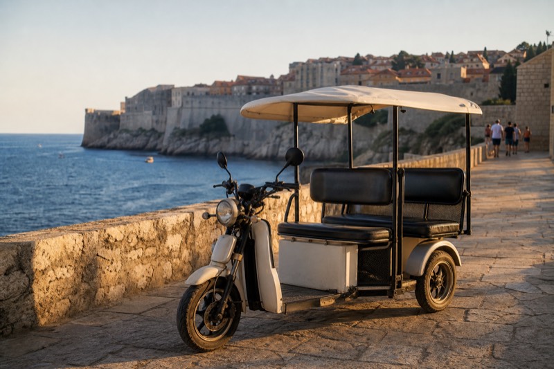 An electric tuk tuk pauses on the winding road above Dubrovnik's Ploče district in warm late light, the Old Town walls and Banje beach spread far below
