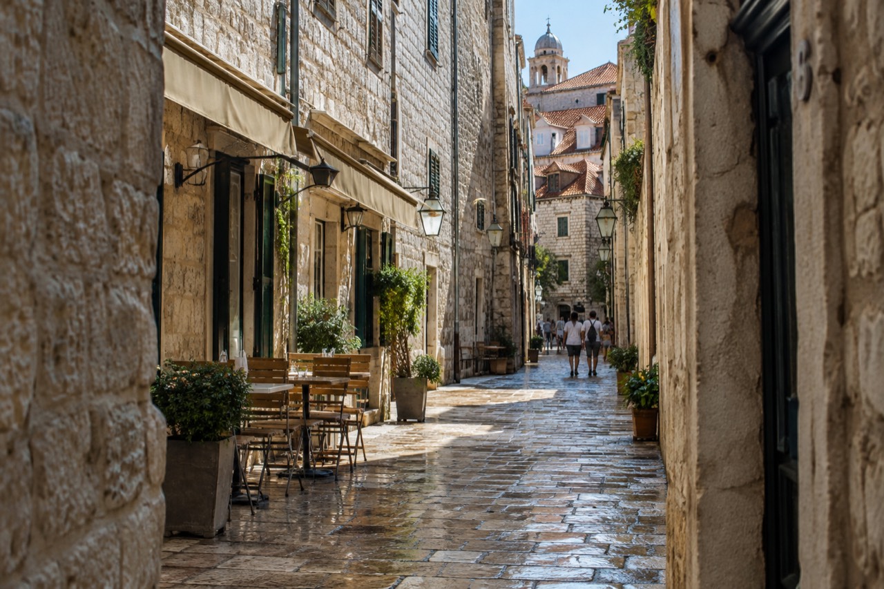 Sunlit limestone street in Dubrovnik Old Town with cafe tables along the wall