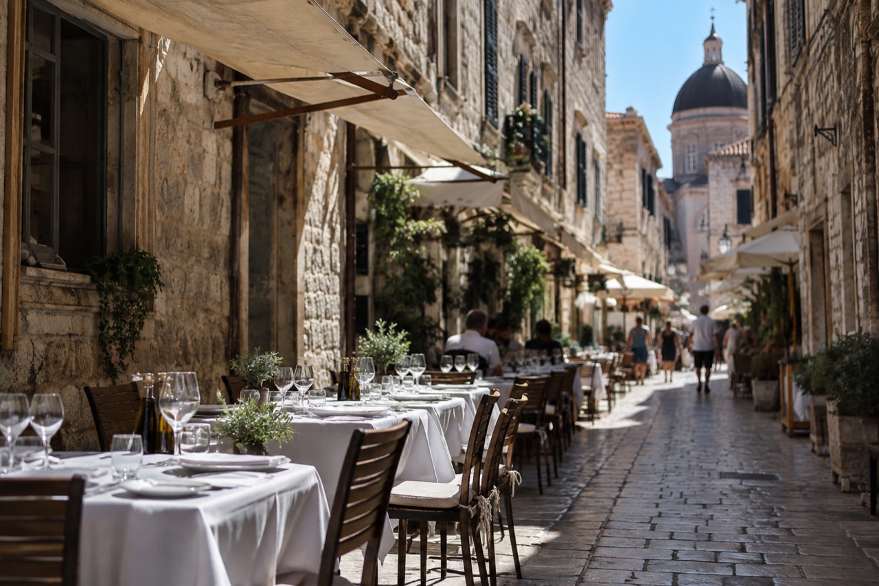 Outdoor restaurant tables with white tablecloths set along a limestone street inside the walled Old Town of Dubrovnik