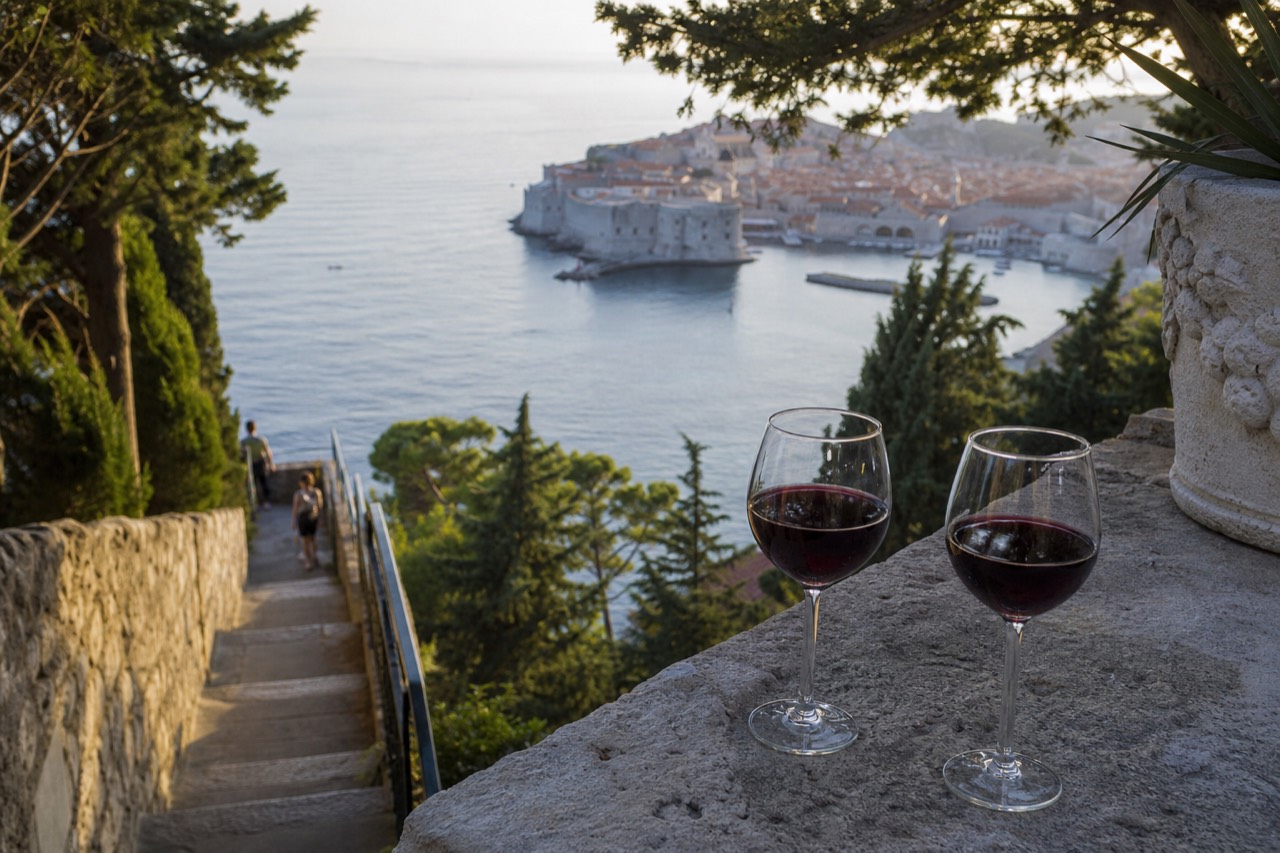 Glasses of red wine on a stone terrace overlooking the Adriatic sea and a walled town
