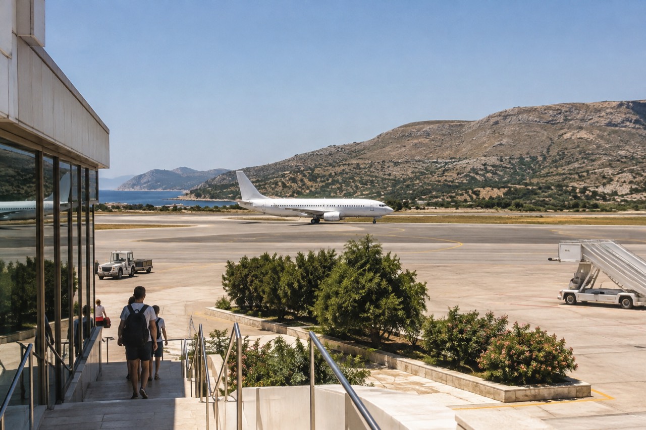 A plane on the runway at Dubrovnik Airport with dry hills behind it under a clear sky