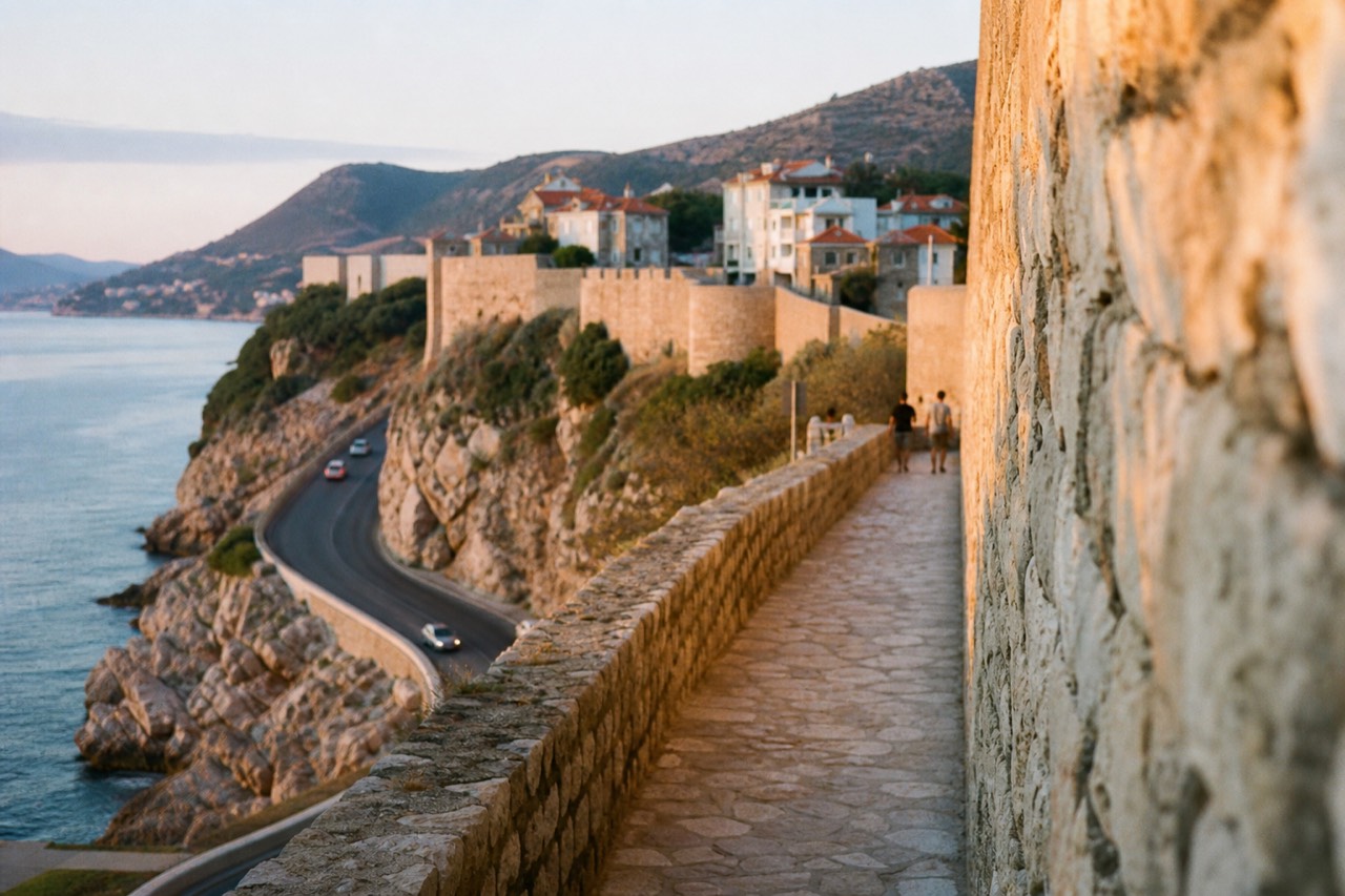 A coastal road curving along the Adriatic below hills near Dubrovnik