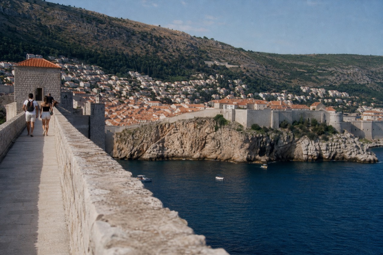 Sunlit limestone buildings and terracotta roofs of Dubrovnik Old Town under a clear blue summer sky