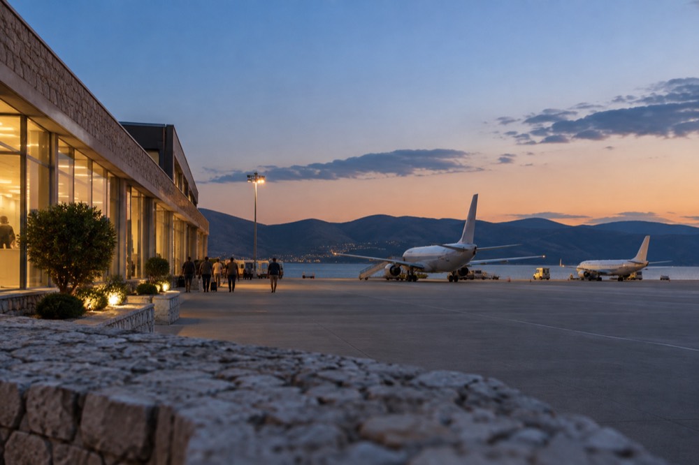 A small airport terminal building beside the sea with parked planes and hills in the background