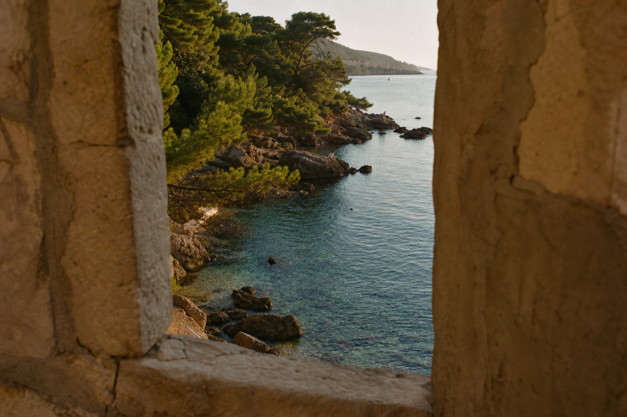 A quiet cove with clear shallow water and pine trees reaching the shoreline near Dubrovnik