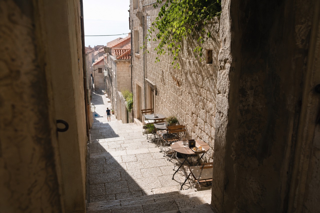 A quiet stone alley in Dubrovnik Old Town with cafe tables set against an old limestone wall