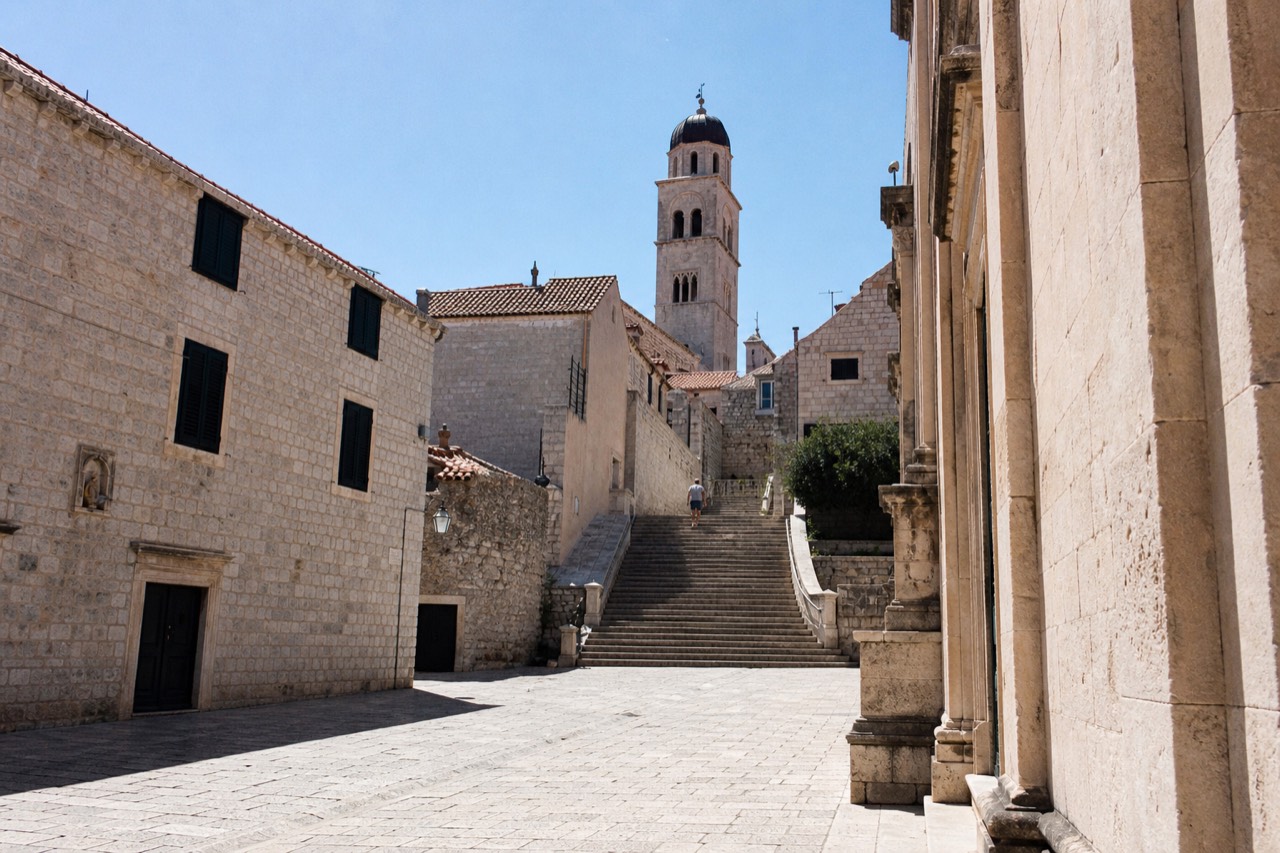 Sunlit limestone street in Dubrovnik Old Town with stone steps rising toward a church tower