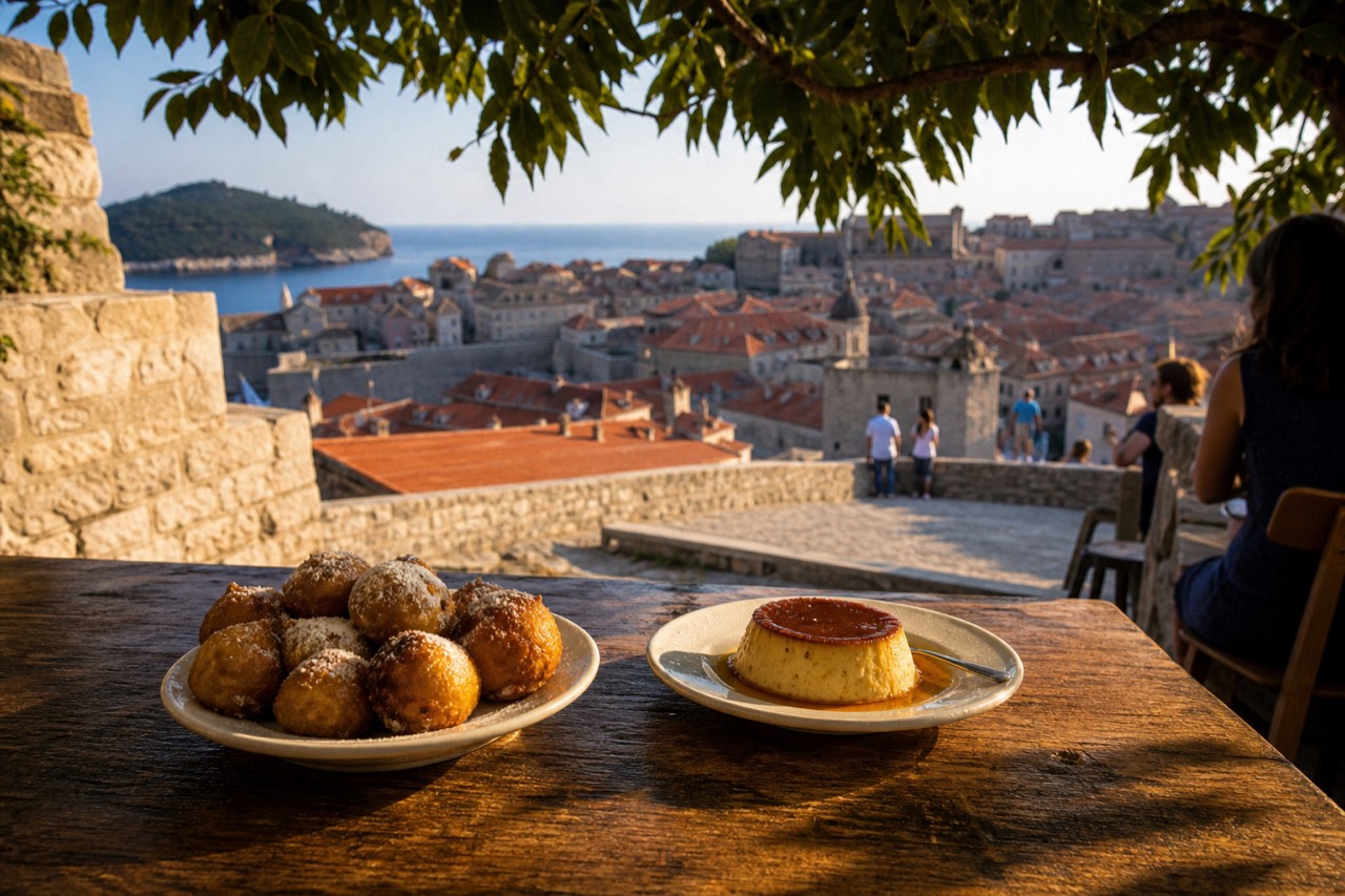A wooden table displaying traditional Dubrovnik desserts, including rožata custard and fritule doughnuts, on a sunny terrace overlooking the Old Town red roofs