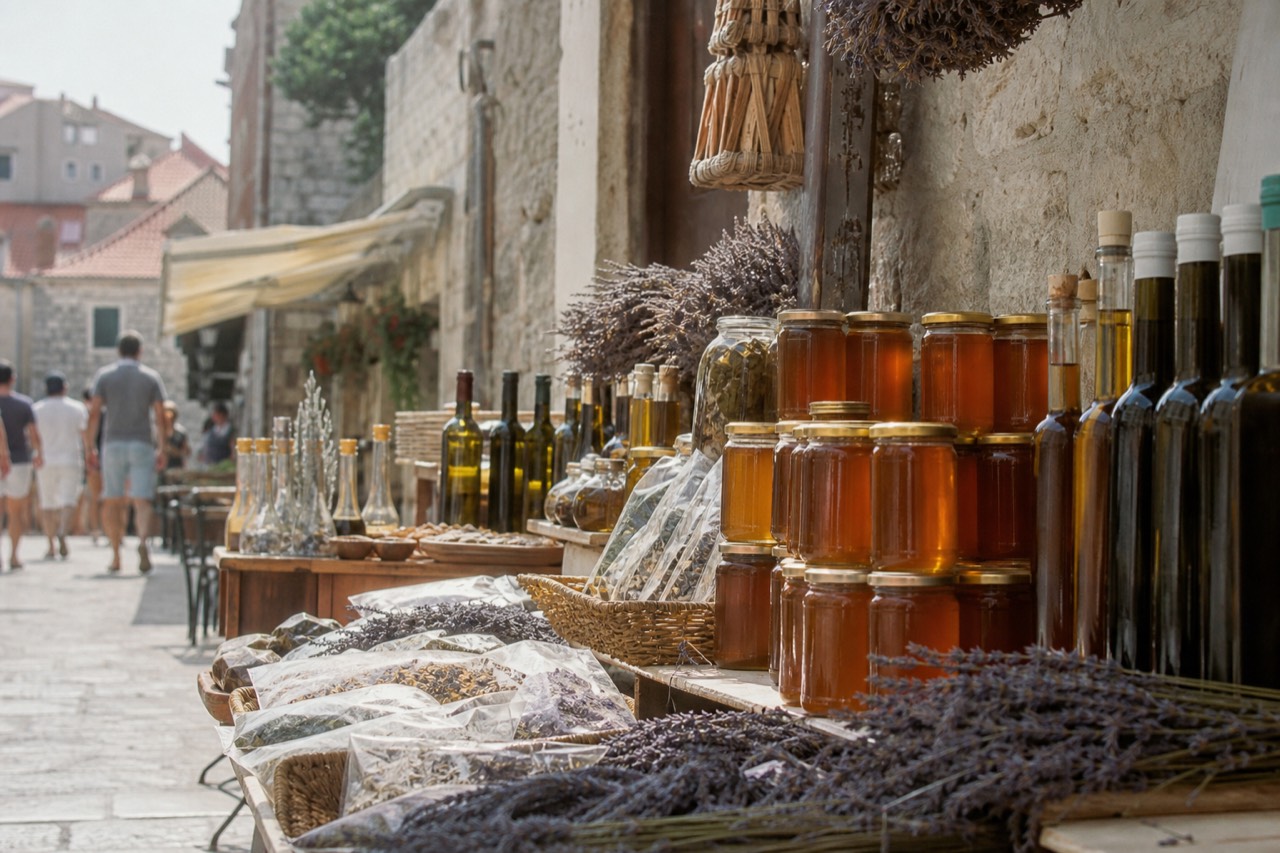 Market stall with jars of honey, lavender bunches and bottles of olive oil on a stone street