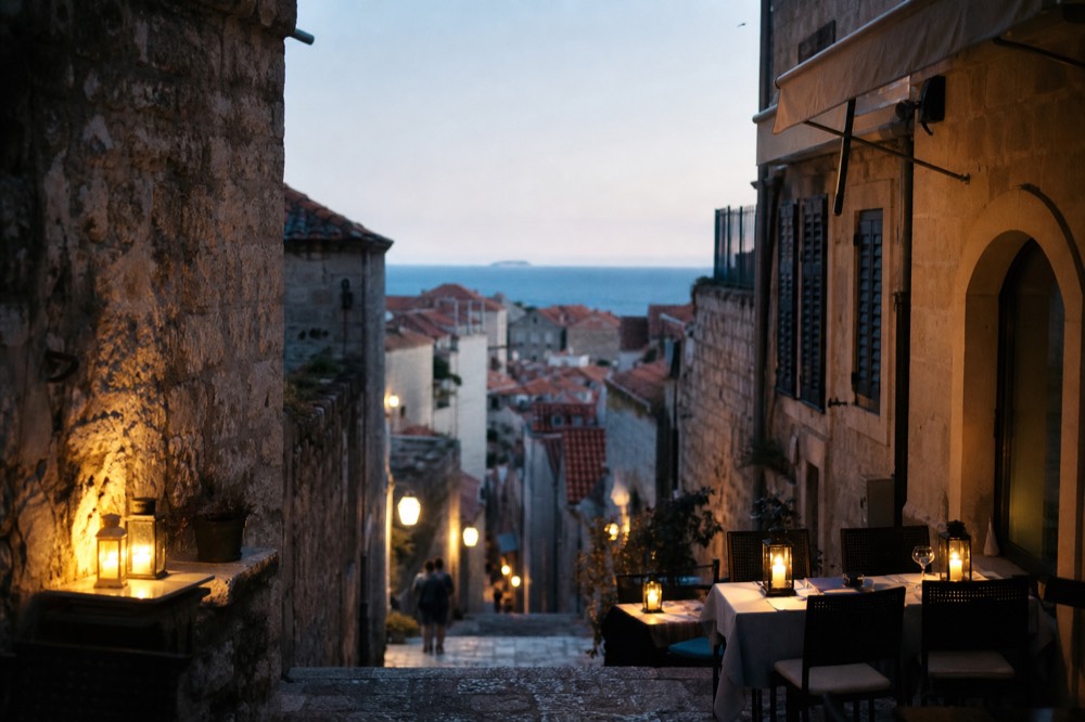 Lantern-lit restaurant tables on a stone lane in the old town at dusk