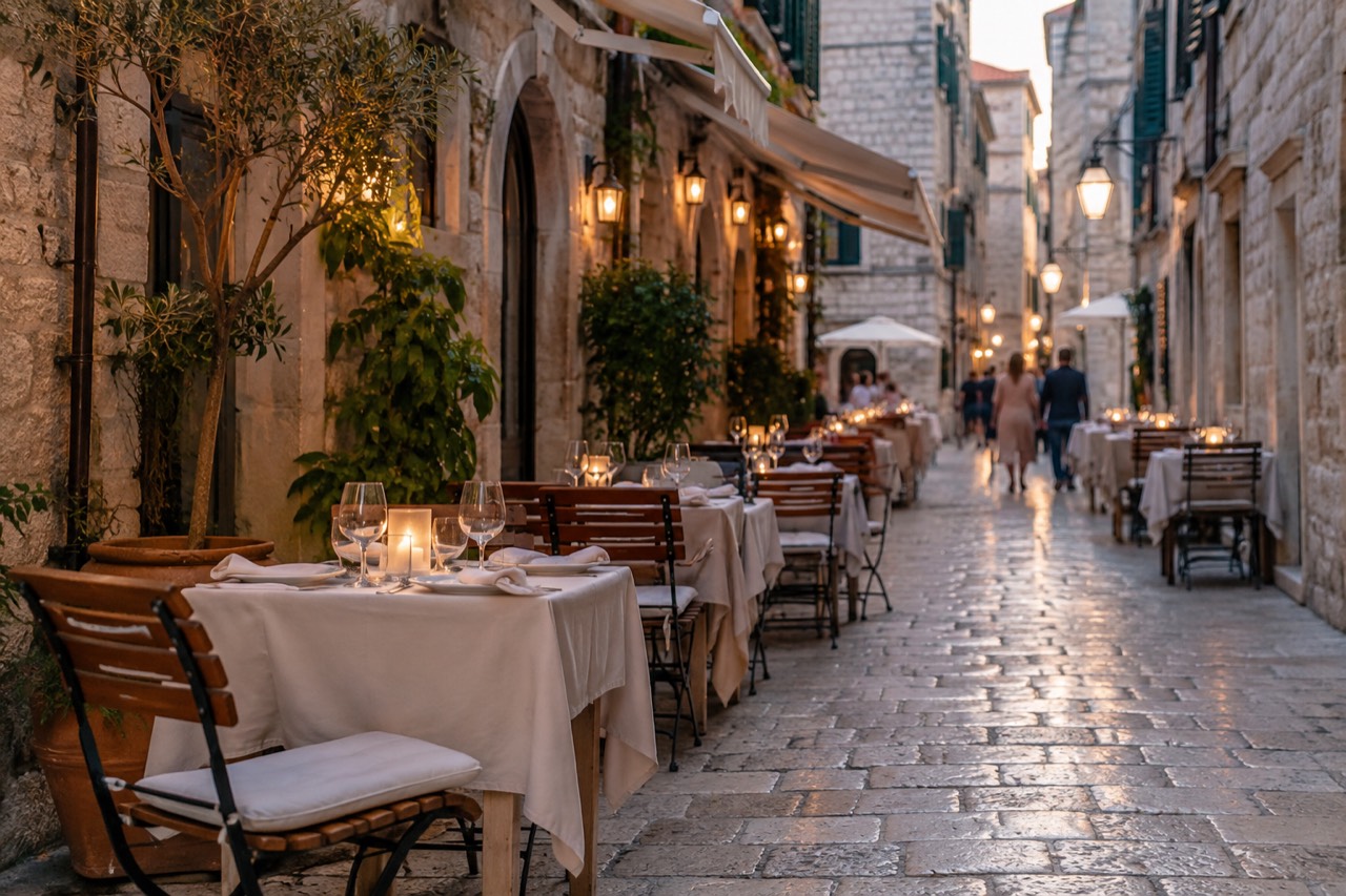 Evening tables set along a stone street inside the walled old town of Dubrovnik