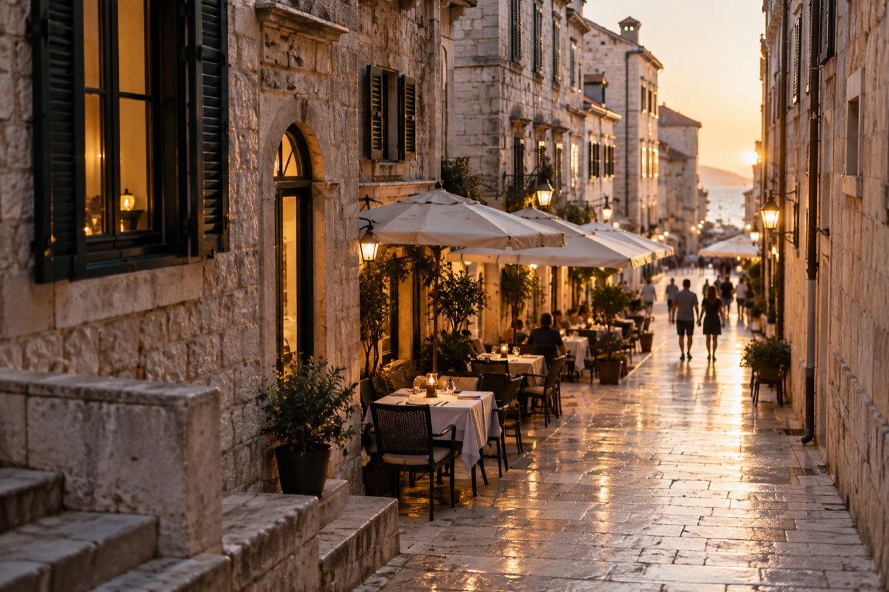 Sunlit limestone street in Dubrovnik Old Town with café tables along the polished paving