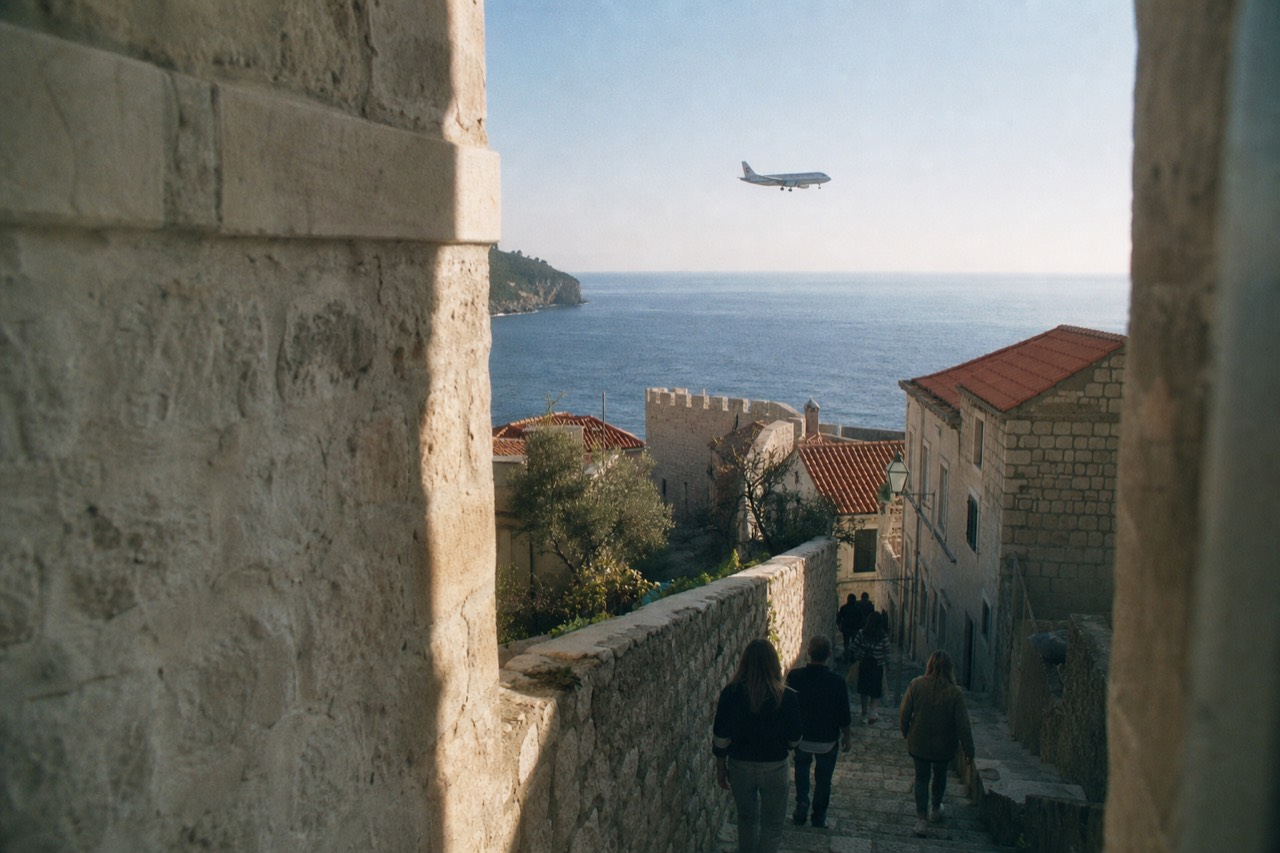 A plane on final approach above the Adriatic coastline near Dubrovnik