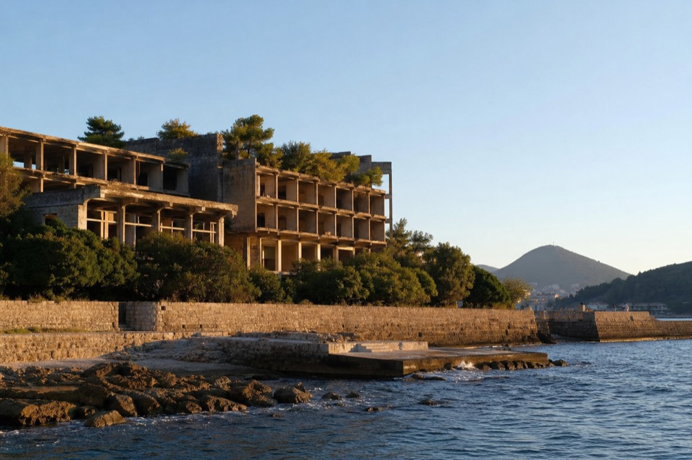 Empty concrete hotel frame with trees growing out of upper floors