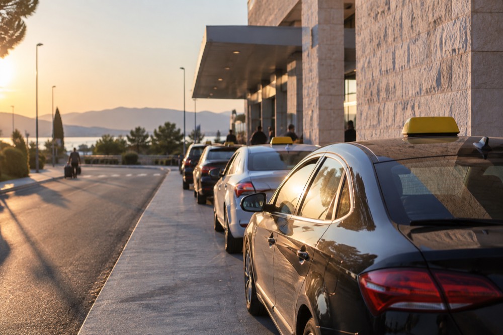 A line of taxis waiting at a curb beside a stone building in evening light