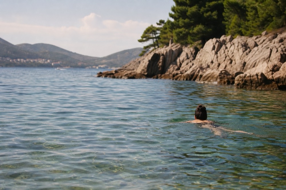 A swimmer in clear water near a rocky coastline with pine trees