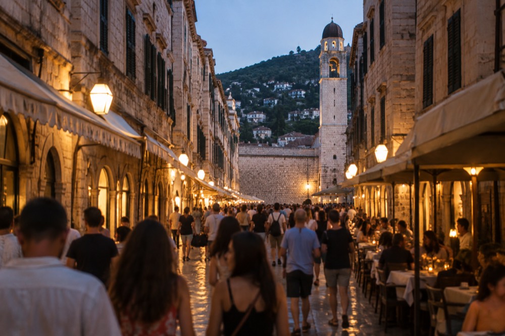 A crowded stone street in Dubrovnik Old Town in the evening with people walking between lit cafe fronts