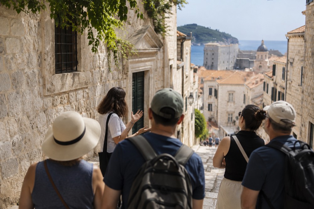 A guide speaking to a small group on a sunny stone street