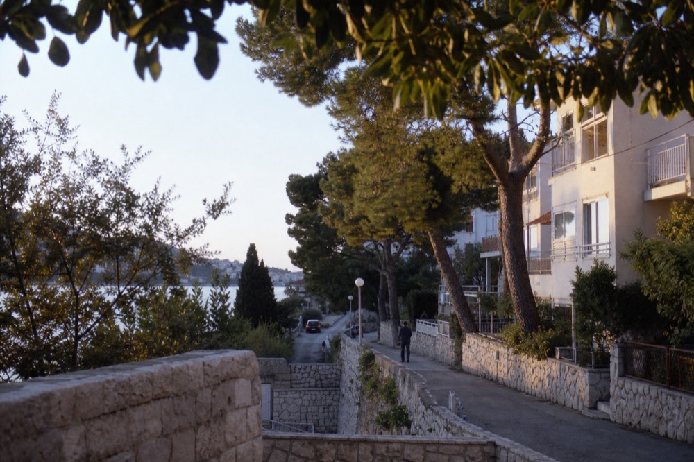 Quiet Lapad street with pine trees and apartment buildings near the sea