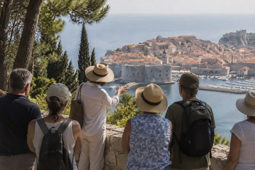 A guide speaking to a small group of visitors on a stone terrace overlooking Dubrovnik harbour