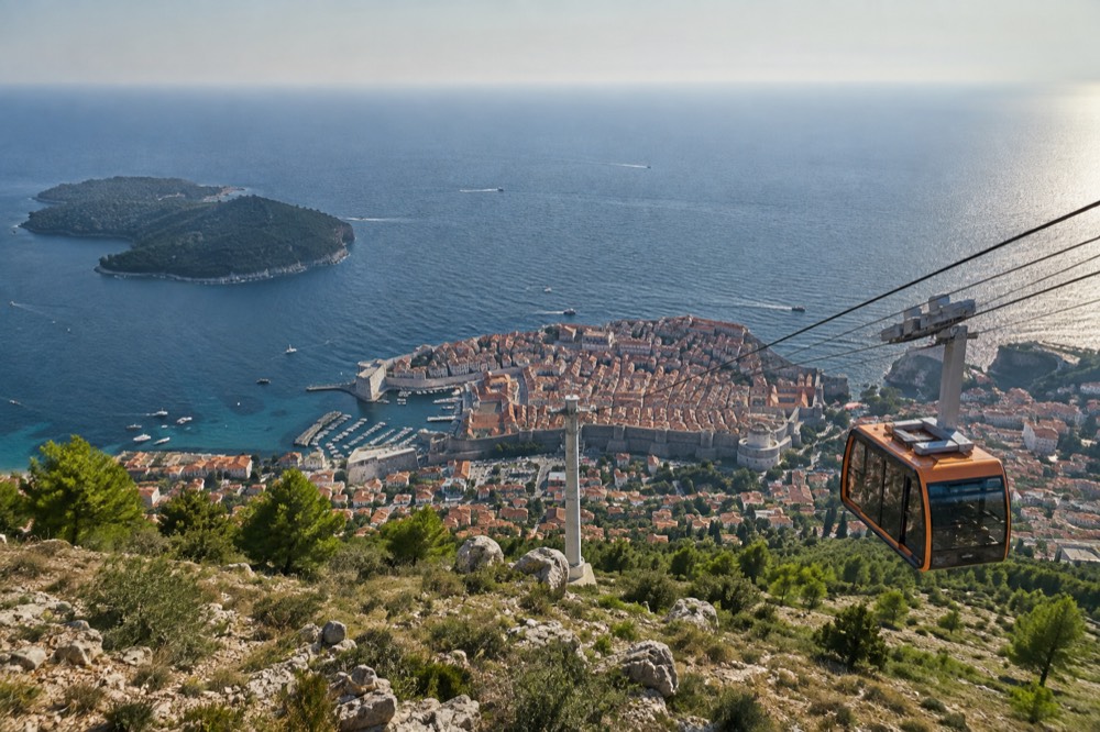 Panoramic view of Dubrovnik Old Town and the Adriatic Sea seen from the Mount Srd cable car summit