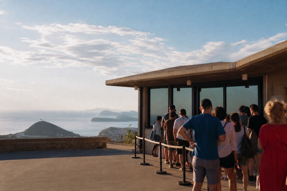 Queue of visitors waiting at the cable car station ticket windows in warm weather