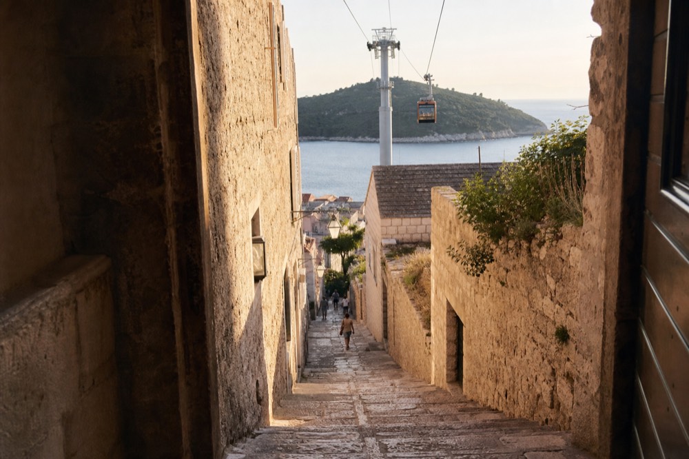 Steep stone street leading up from the Old Town toward the cable car station
