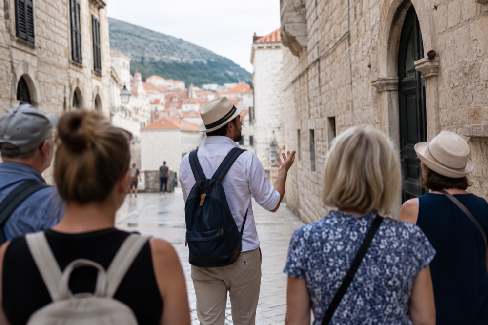 A local guide leading a small walking tour group along a stone street in Dubrovnik
