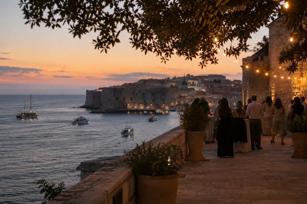A wide stone terrace at night with string lights and people standing in small groups