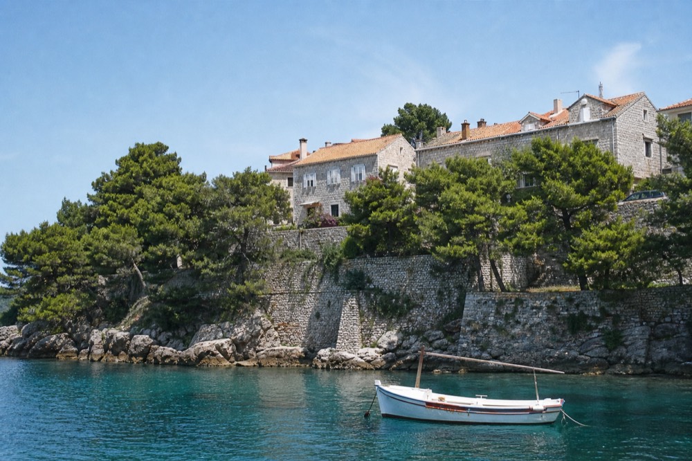 A small boat anchored in a quiet cove with pine trees reaching the water