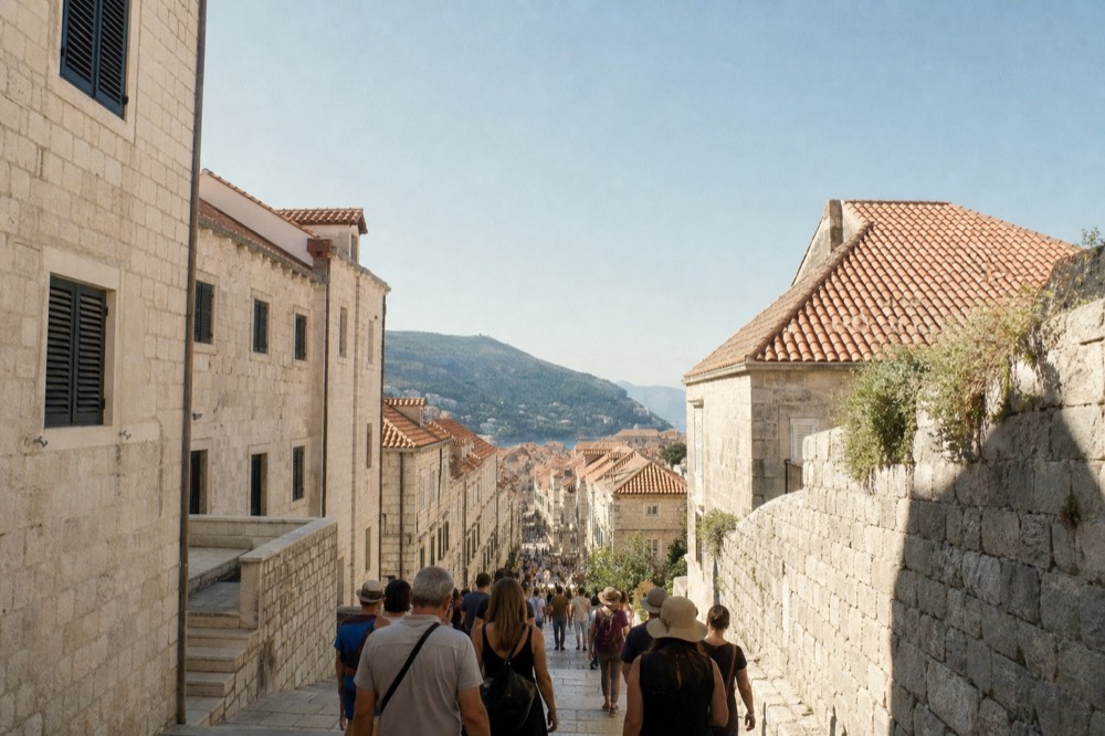 Crowded limestone street in Dubrovnik Old Town with tour groups walking