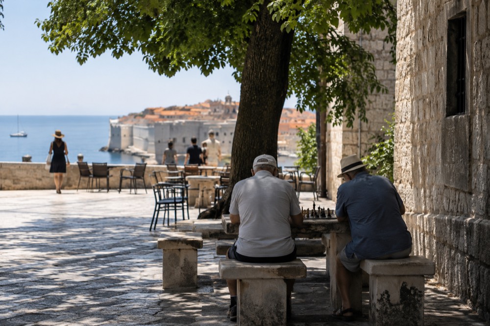 An evening chess game in progress on a stone table in a shaded Dubrovnik square