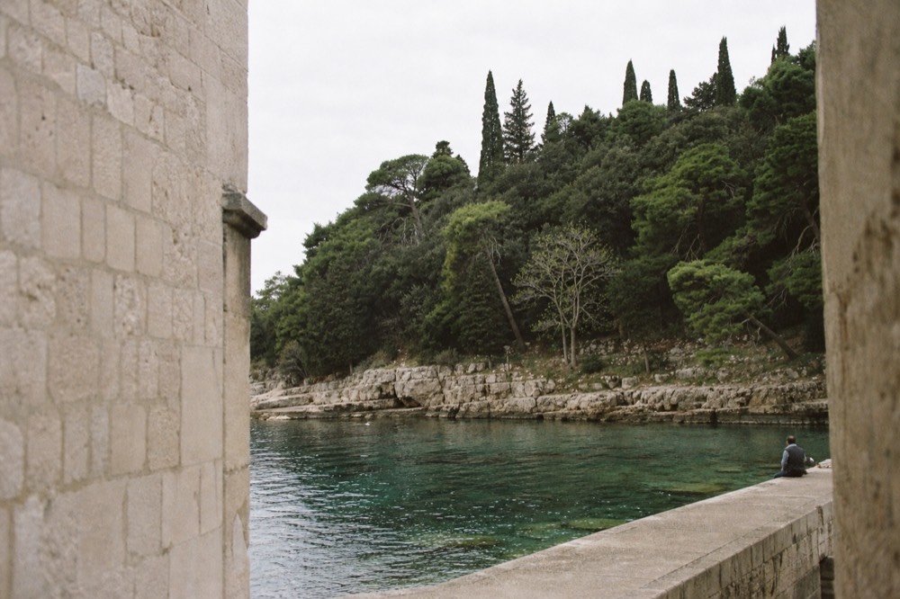 Wooded Lokrum island shoreline with clear green water seen from a boat