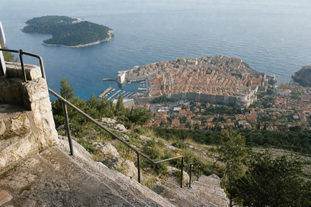 The walled city of Dubrovnik seen from Mount Srd in clear spring afternoon light