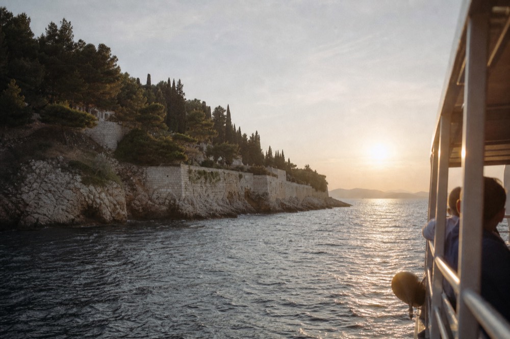 Sunset light on the Adriatic horizon seen from a boat near Dubrovnik