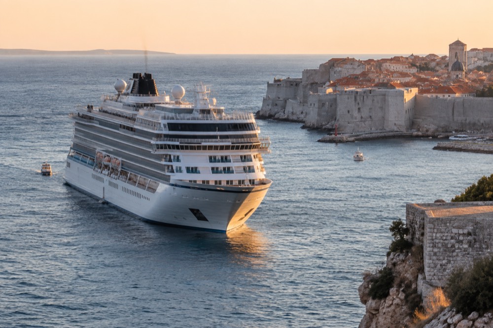 A large cruise ship anchored off the walled Old Town of Dubrovnik seen from the water