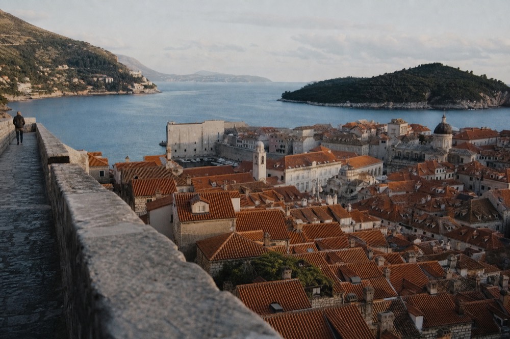Winter sunshine on the terracotta roofs of Dubrovnik Old Town seen from a high vantage point
