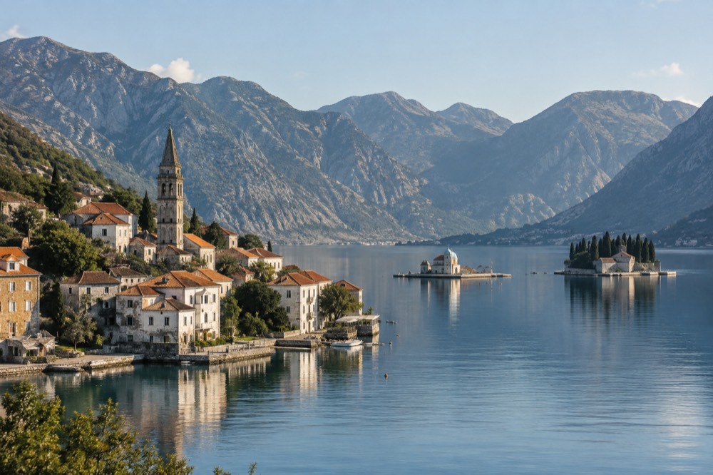 Mountain-ringed bay with a small stone town and church islets on still water