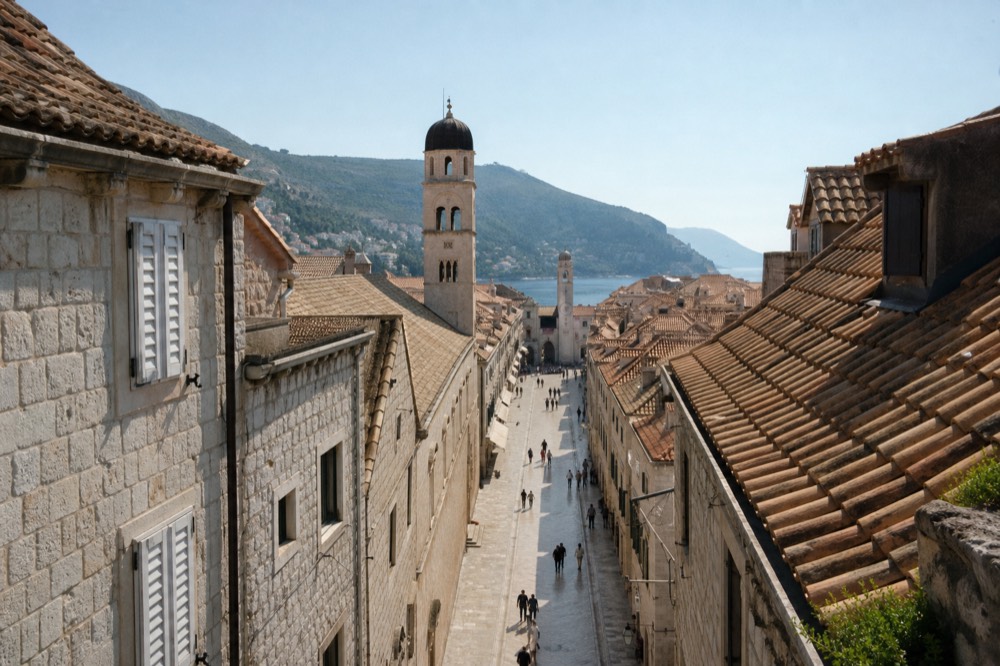 The limestone Stradun street stretching toward a bell tower in late afternoon light