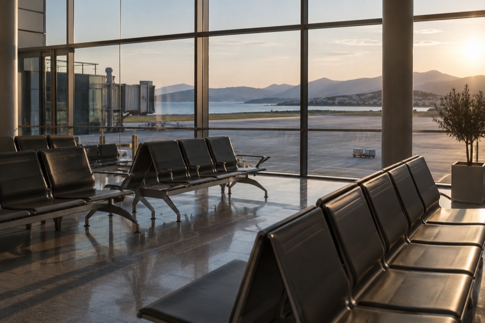 An empty airport gate area with rows of seats in soft evening light