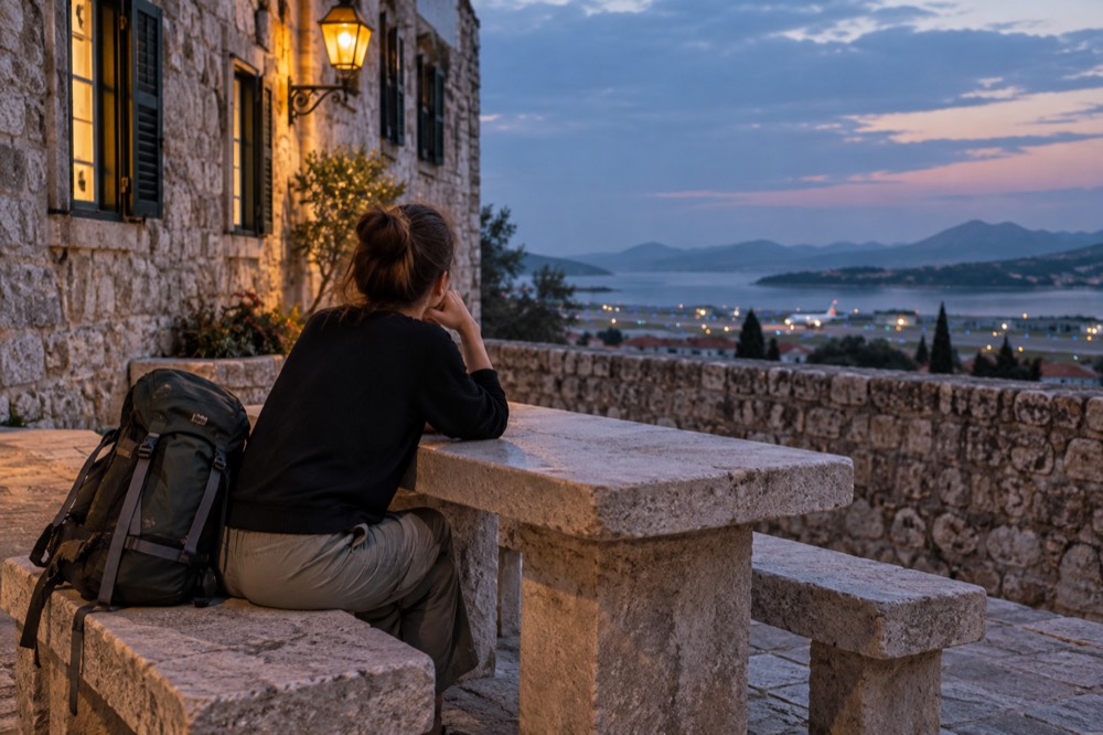 A traveller resting at a stone table beside a city wall, rucksack propped against the bench