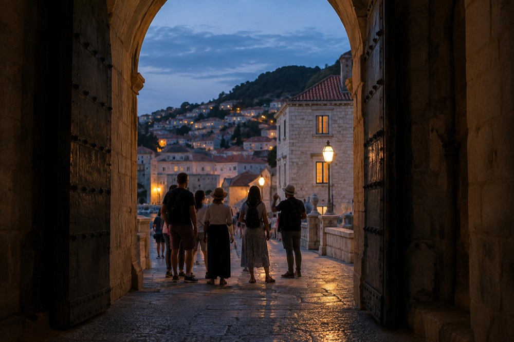 A guide talking to visitors beneath the arch of Dubrovnik's western stone gate