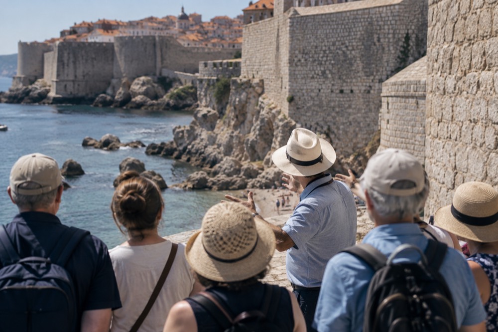 Guide speaking to a small group beside the stone walls of Dubrovnik Old Town