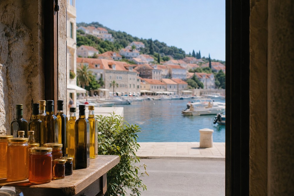 Bottles of local olive oil and jars of honey arranged on a wooden market table