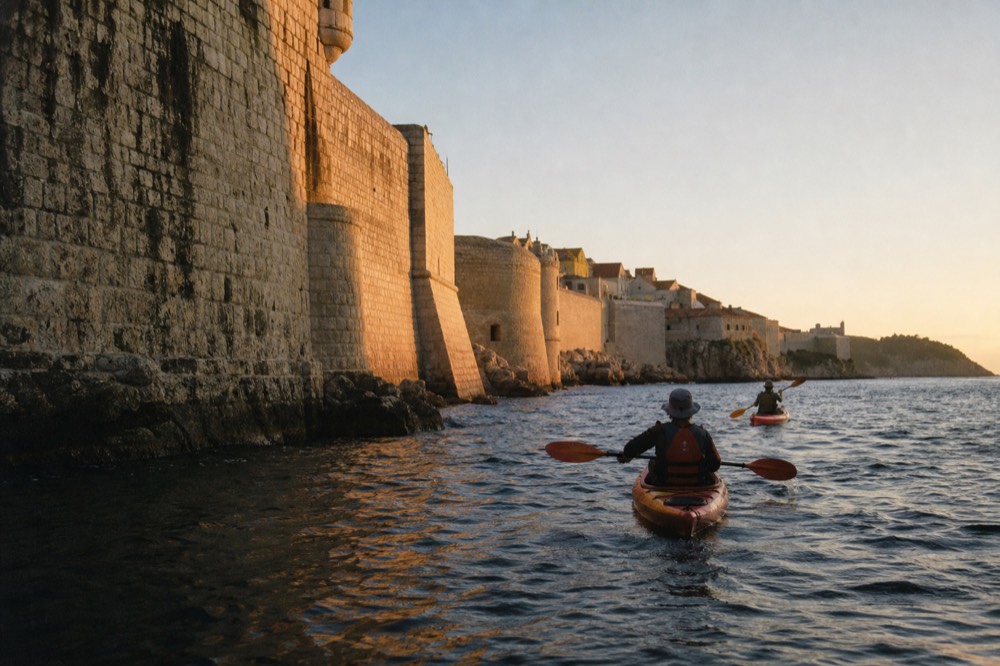 Sea kayakers paddling along the Dubrovnik city walls at sunset