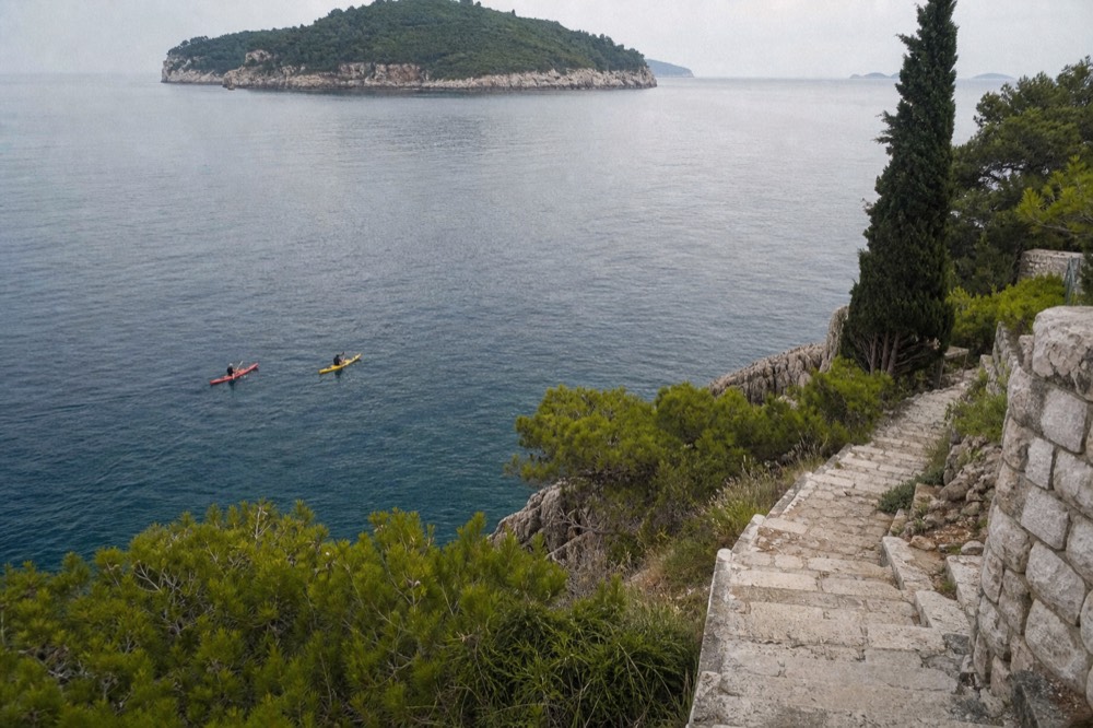 Two sea kayaks paddling along a rocky coastline toward a green island