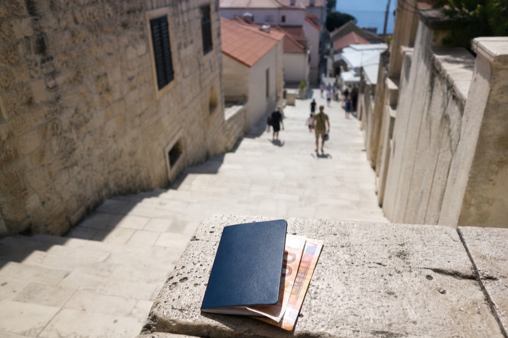 Passport and euro banknotes resting on a map beside a pair of sunglasses