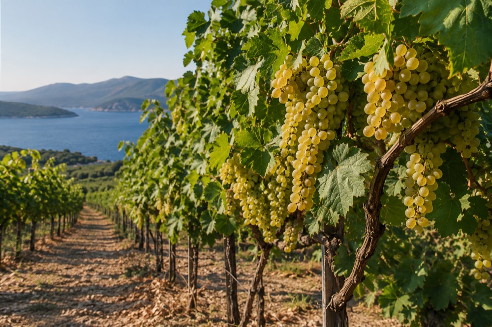 Vineyard rows with grapevines heavy with ripe white grapes under a clear sky