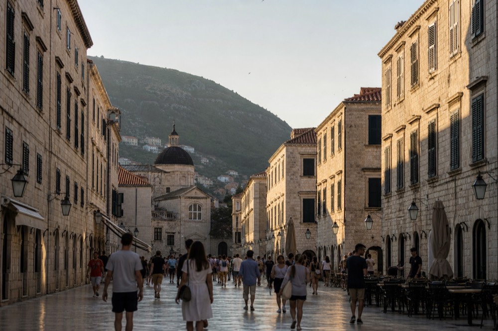 Evening light on the Stradun with people strolling between stone buildings