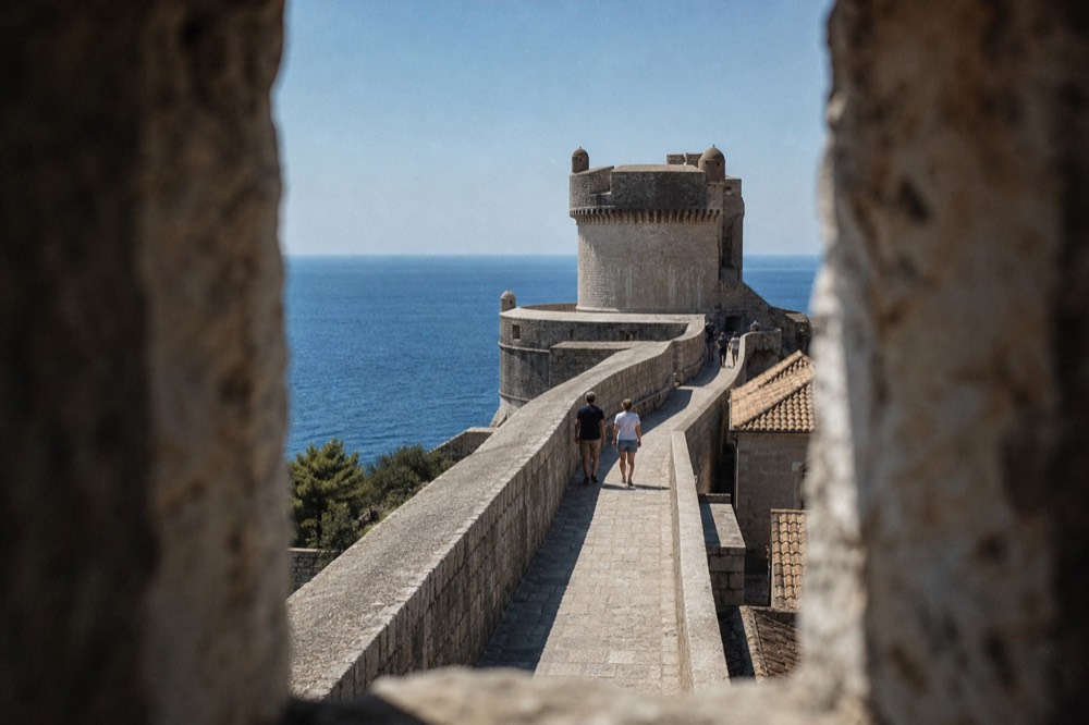 People walking along the ancient stone walls with the sea in the background